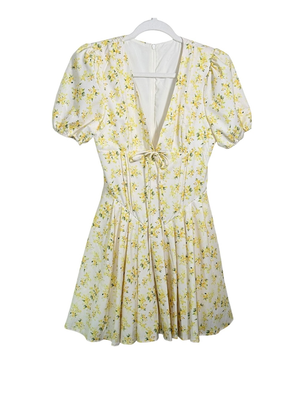Commense Floral Print V-Neck Knotted Short Dress Corset White Yellow Size XS